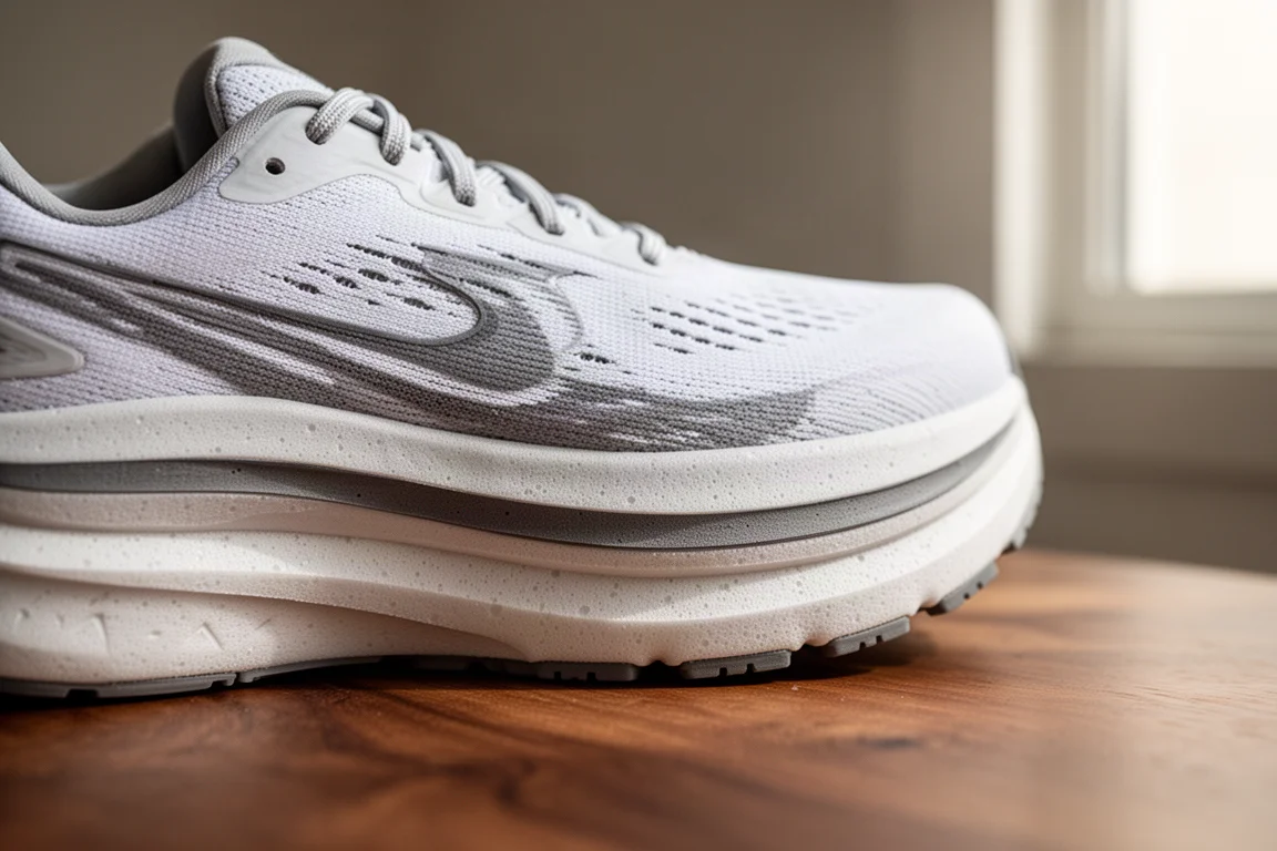 Detailansicht einer dicken gedämpften Laufschuh-Mittelsohle mit sichtbaren Foam-Schichten