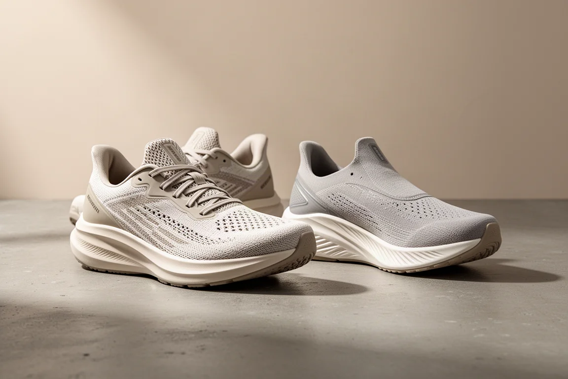 Two lightweight running shoes side by side on a concrete surface
