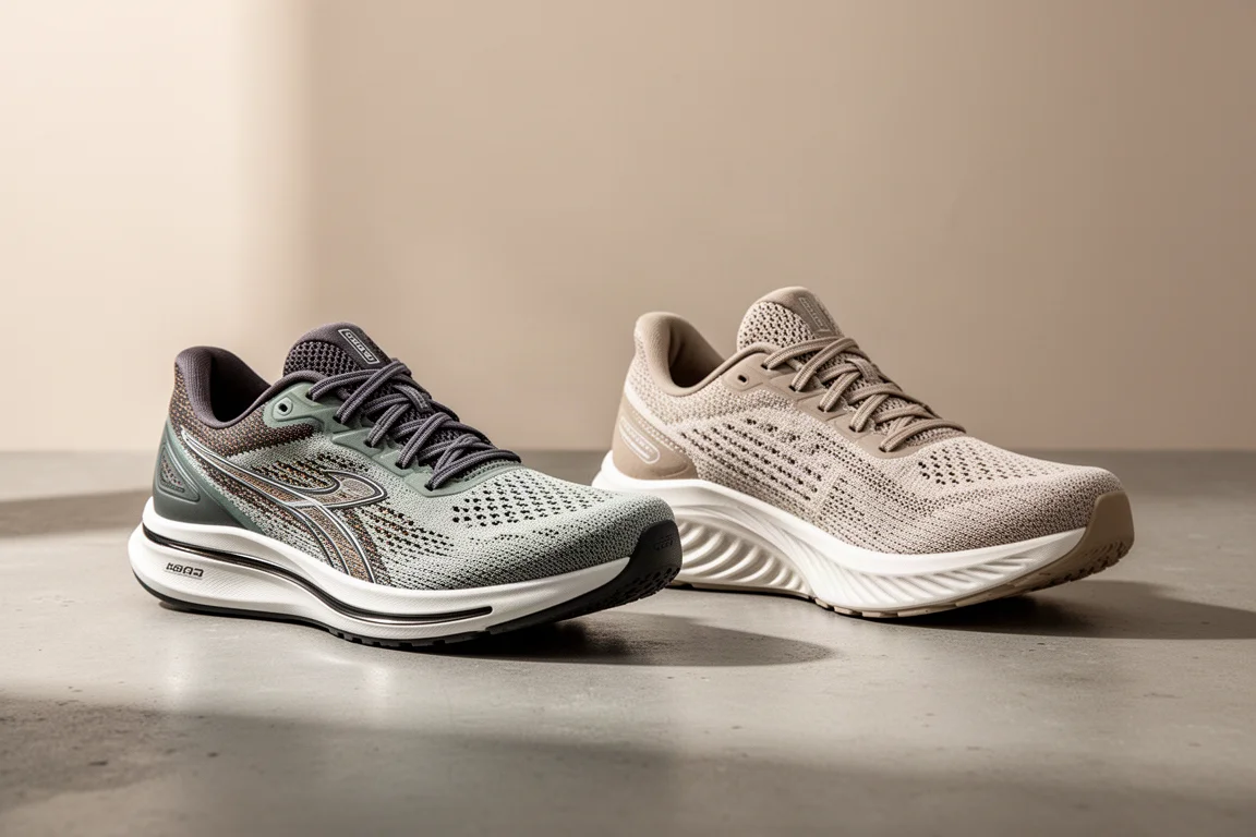 Two plated running shoes side by side on a concrete surface