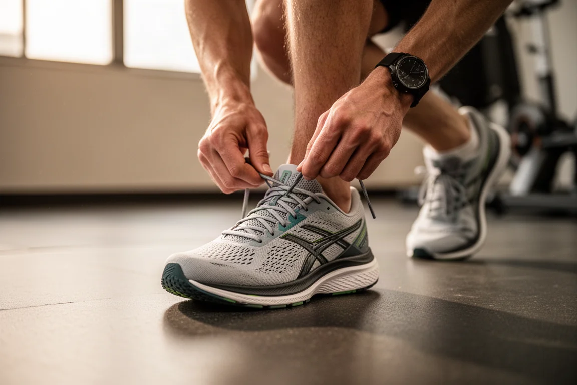 Un runner allaccia un paio di scarpe da running su strada prima di un allenamento veloce