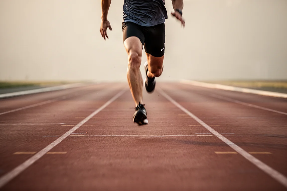 Un runner accelera il ritmo su una pista di atletica durante una seduta di intervalli
