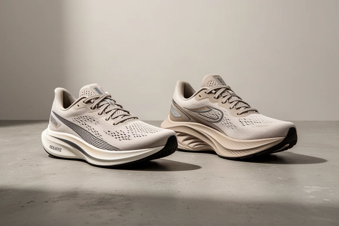 Saucony Endorphin Speed 4 and Hoka Mach X2 running shoes side by side on concrete