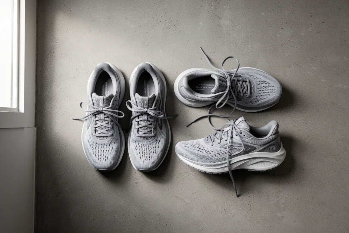Two pairs of running shoes placed side by side on a concrete floor