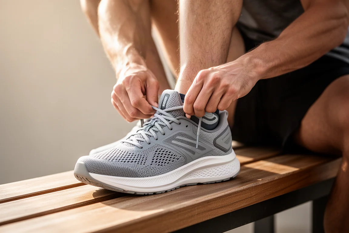 Runner tightening laces on a running shoe at home
