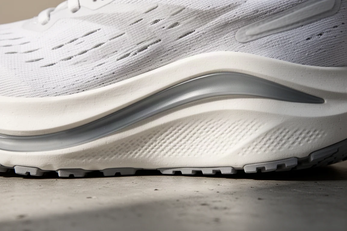 Close-up of a running shoe midsole showing foam and plate geometry