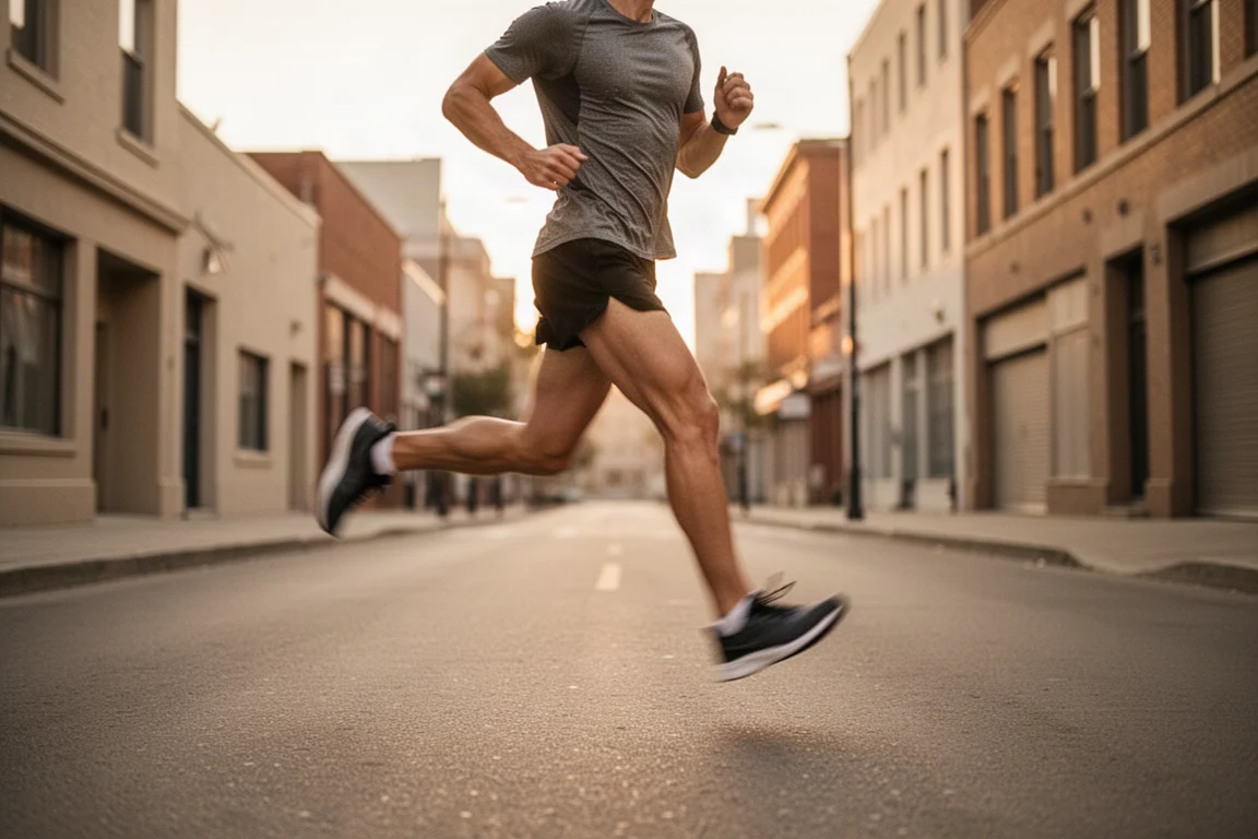 Runner cooling down on quiet city streets in soft evening light
