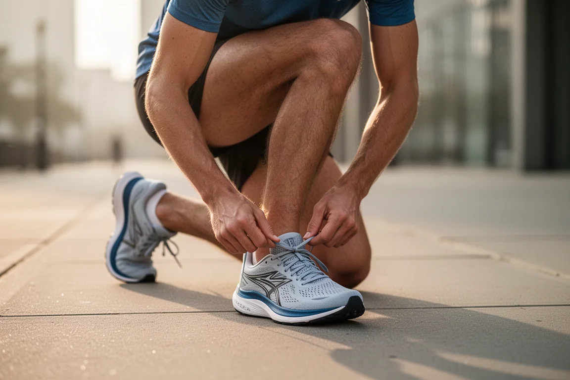 Corredor amarrando um par de tênis de corrida leves para treino de ritmo em uma calçada urbana