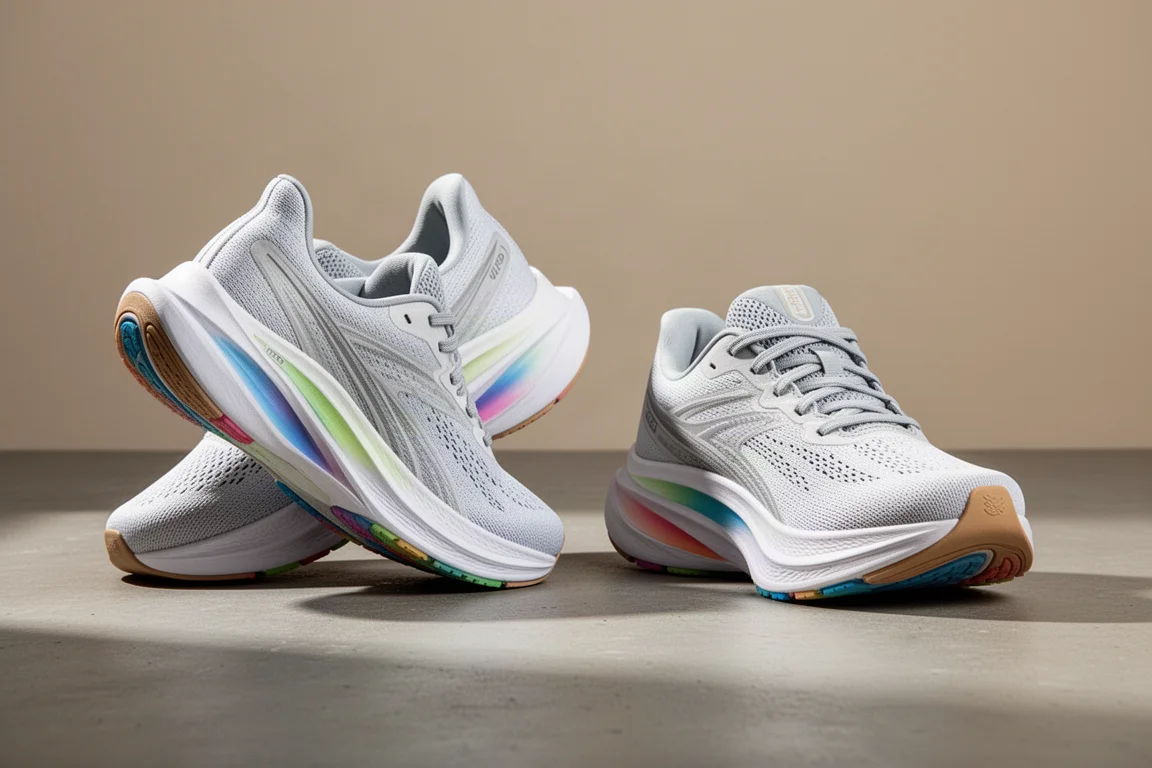 Two performance running shoes side by side on a concrete surface