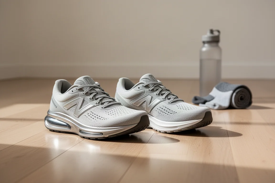 Twee geplate supertrainers naast elkaar op een sportschoenvloer
