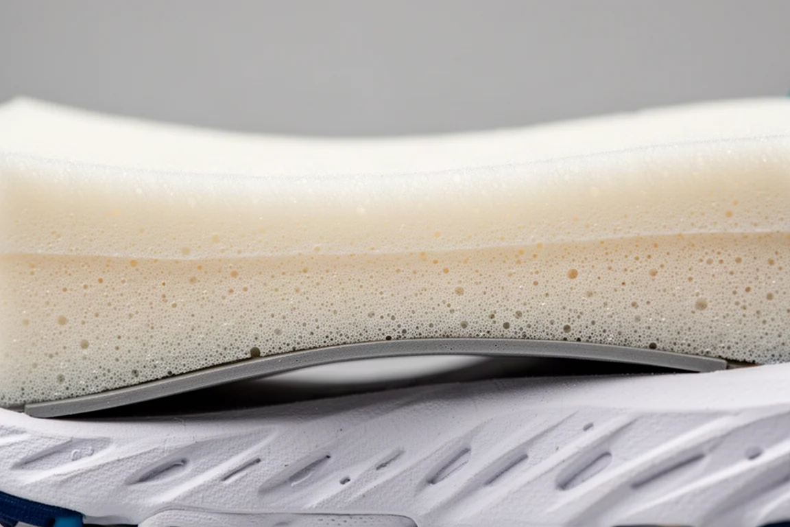Close-up van een gelaagde tussenzool met schuim en plate