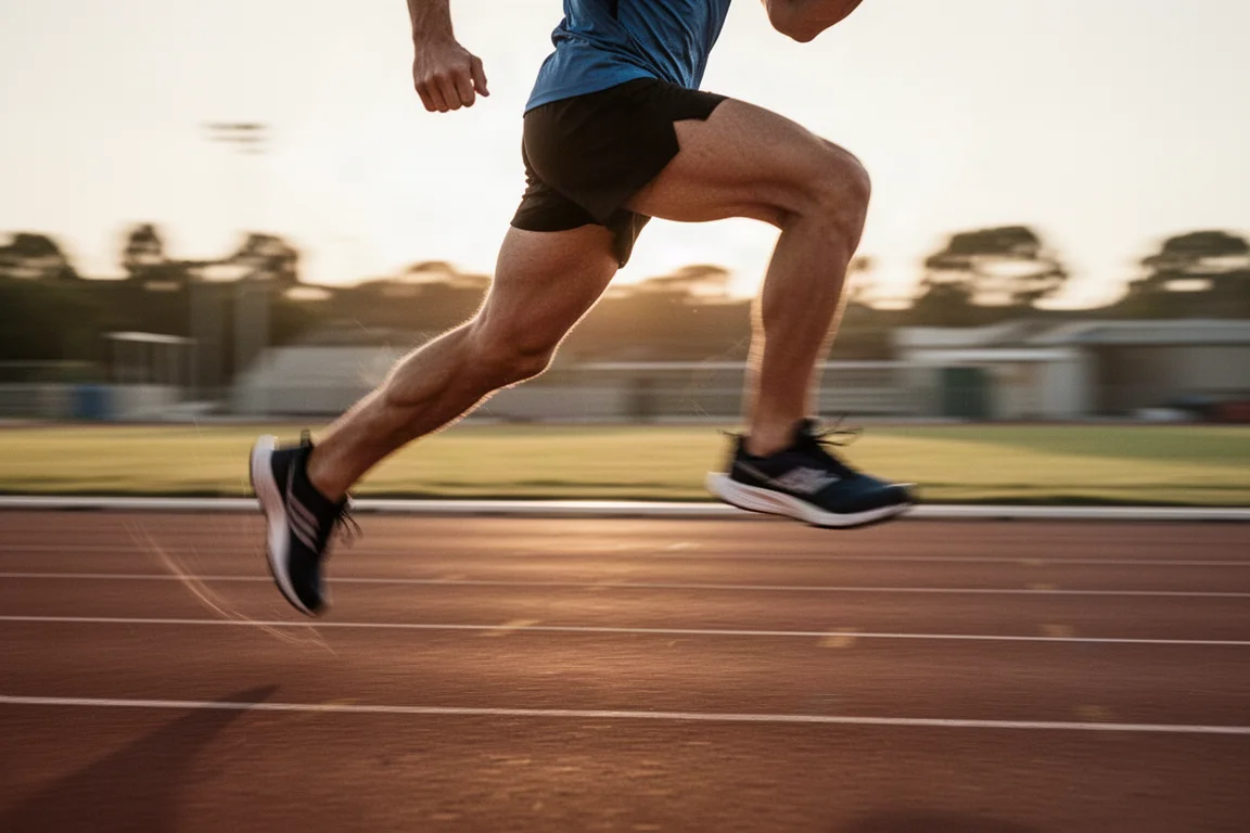 Hardloper die een zware intervaltraining op de baan voltooit
