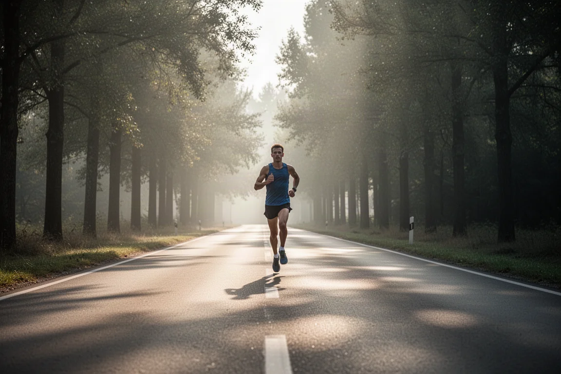 Hardloper op een lange, rustige trainingsloop over stille wegen
