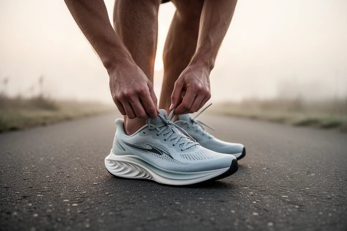 Runner lacing up a lightweight plated training shoe before a morning run