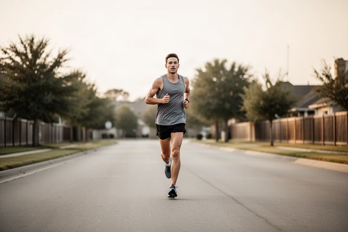 Runner cruising through a relaxed long run on an open road
