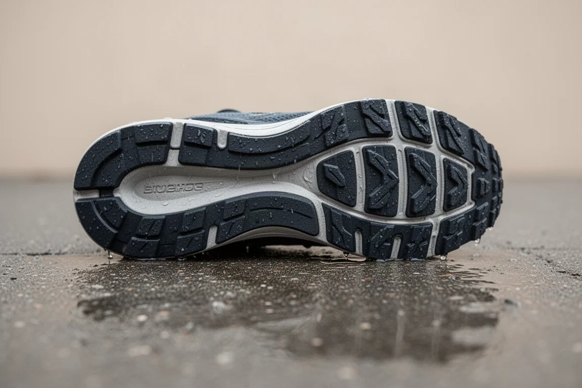 Close-up of a thick rubber outsole on a wet pavement