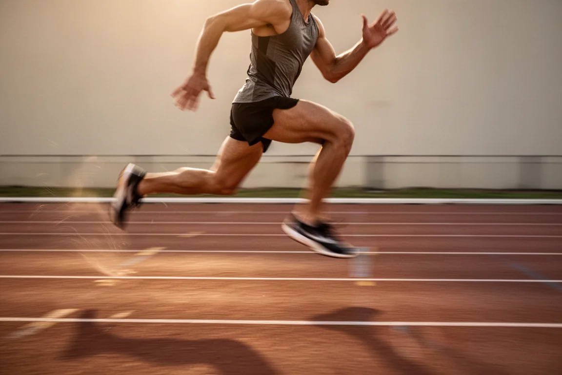 Runner accelerating through fast intervals on a running track