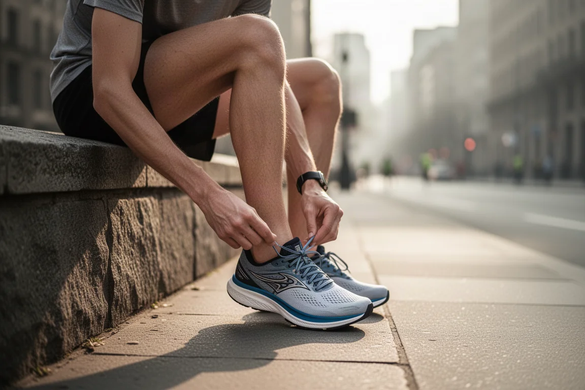 Runner lacing up carbon-plated racing shoes on a track in morning light