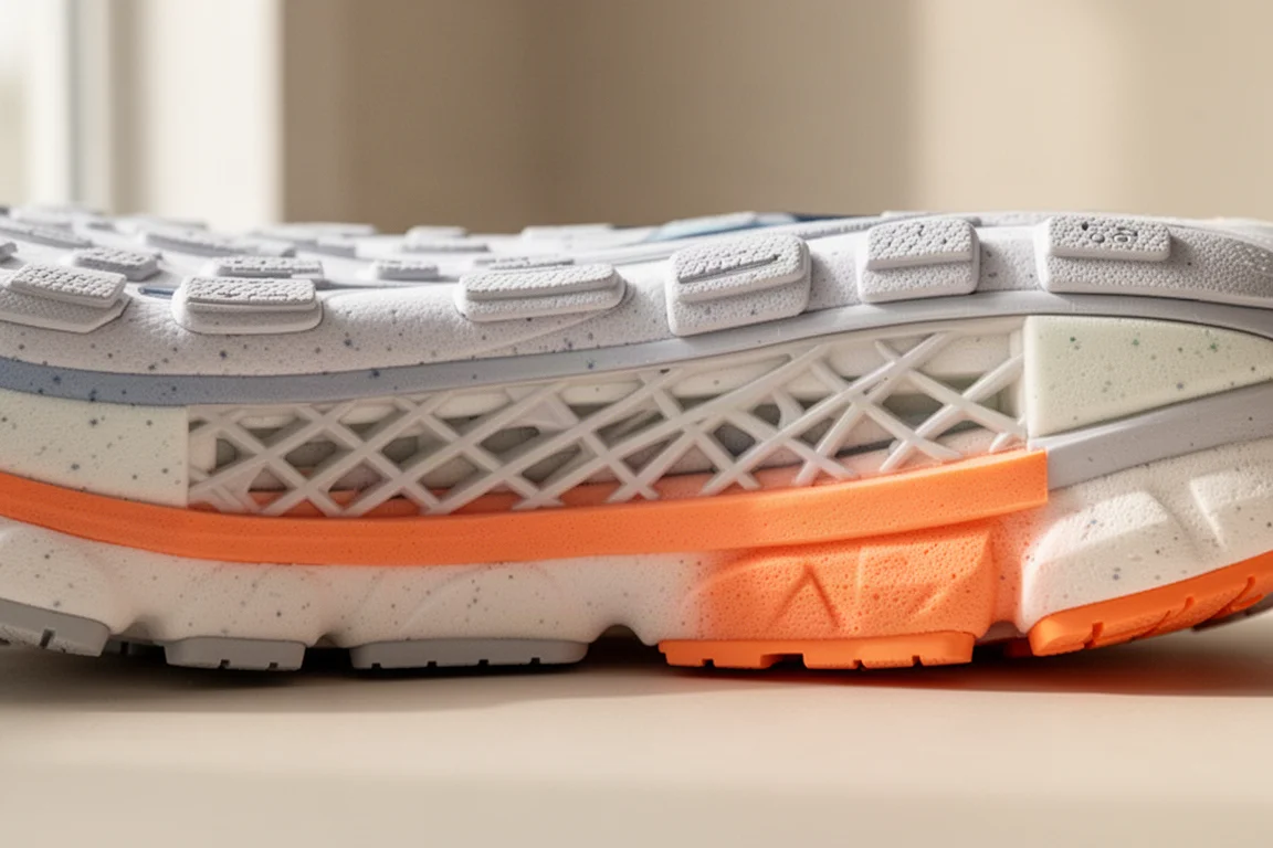 Close-up of a plated running shoe midsole showing bead-textured PEBA foam
