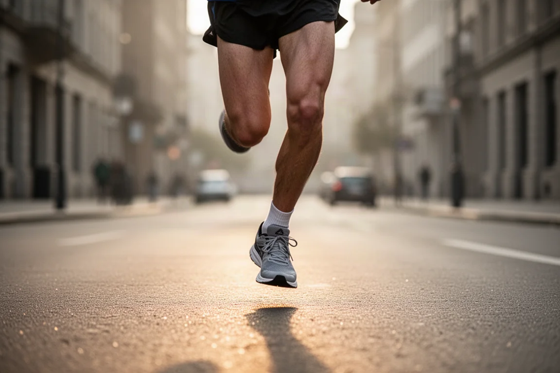 Coureur accélérant le rythme dans une rue urbaine sous une douce lumière matinale