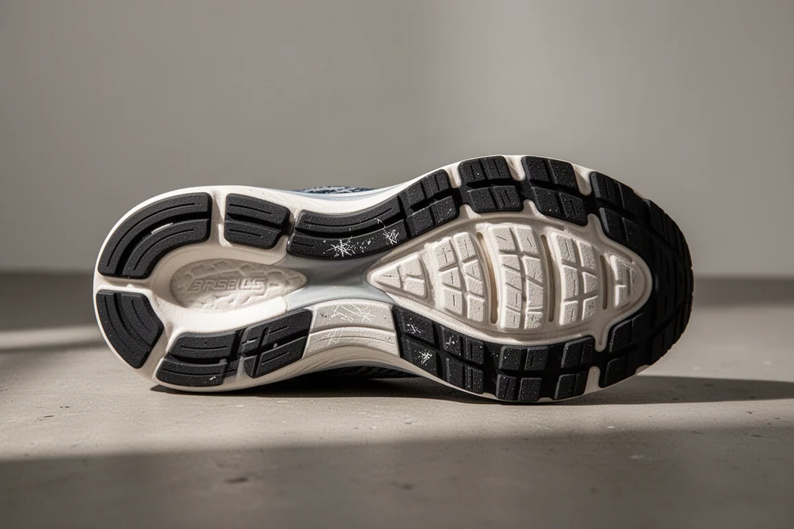 Gros plan sur la semelle extérieure d'une chaussure de running montrant un fin revêtement en caoutchouc