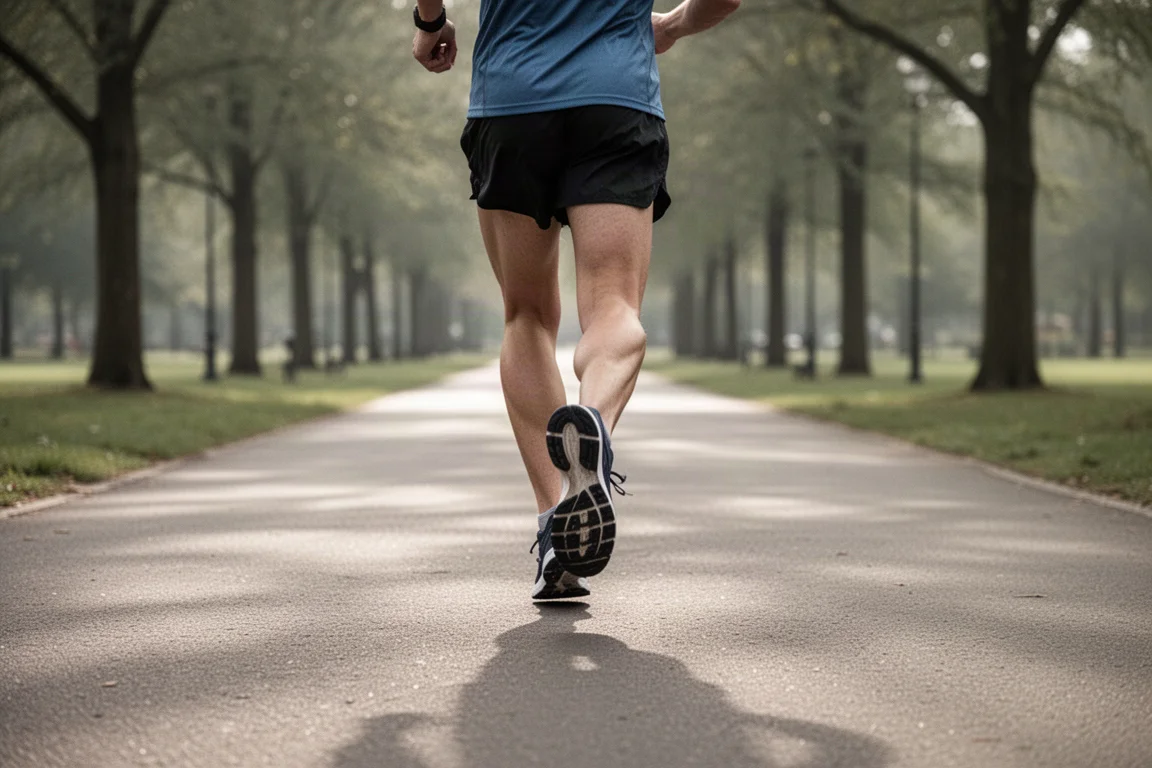 Coureur s'installant dans une allure facile et régulière sur une allée pavée de parc