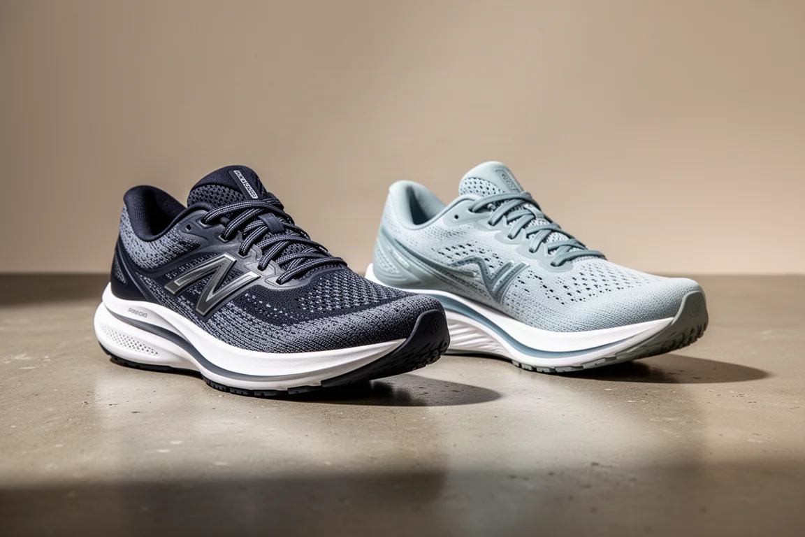 Deux chaussures de running côte à côte sur une surface neutre à des fins de comparaison