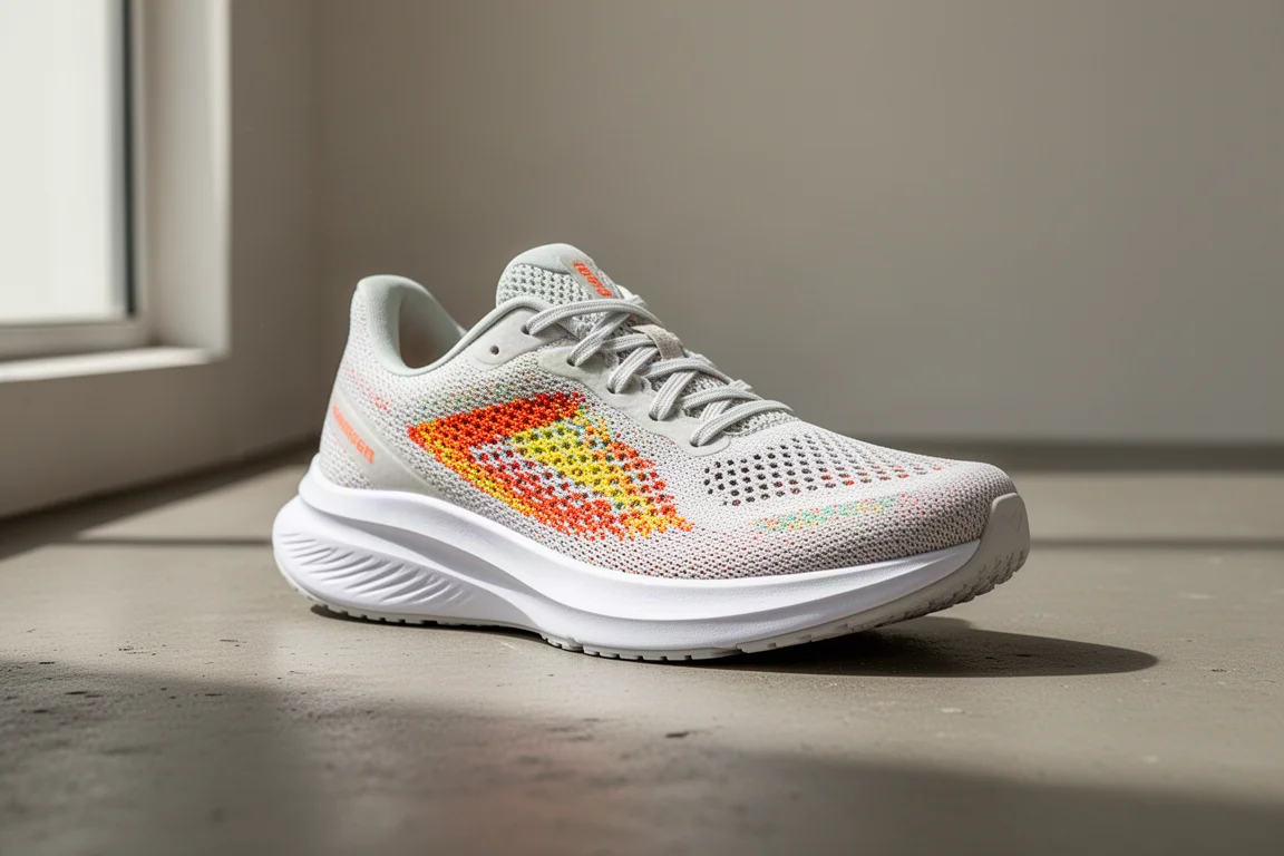 Lightweight running shoe with thick foam midsole on concrete surface