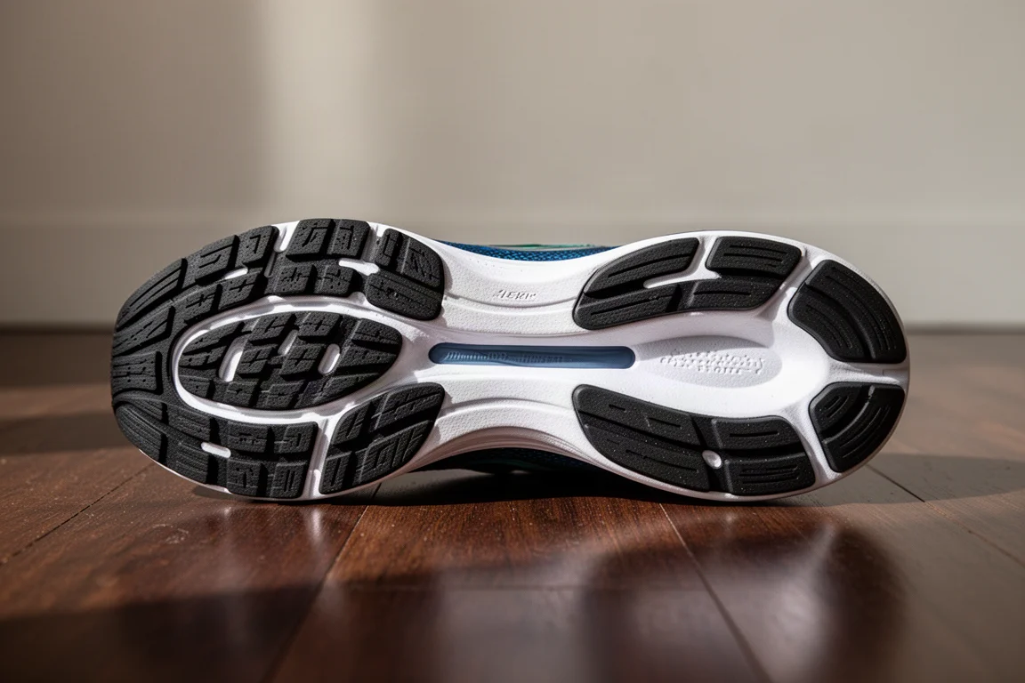 Suela exterior de una zapatilla con cobertura de goma y ranura de flexión visible