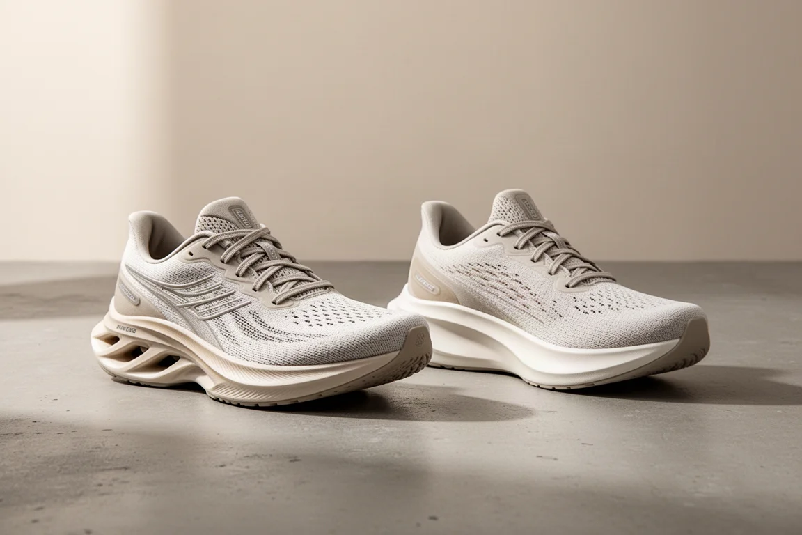 Saucony Endorphin Speed 5 and New Balance Rebel V5 running shoes side by side on concrete