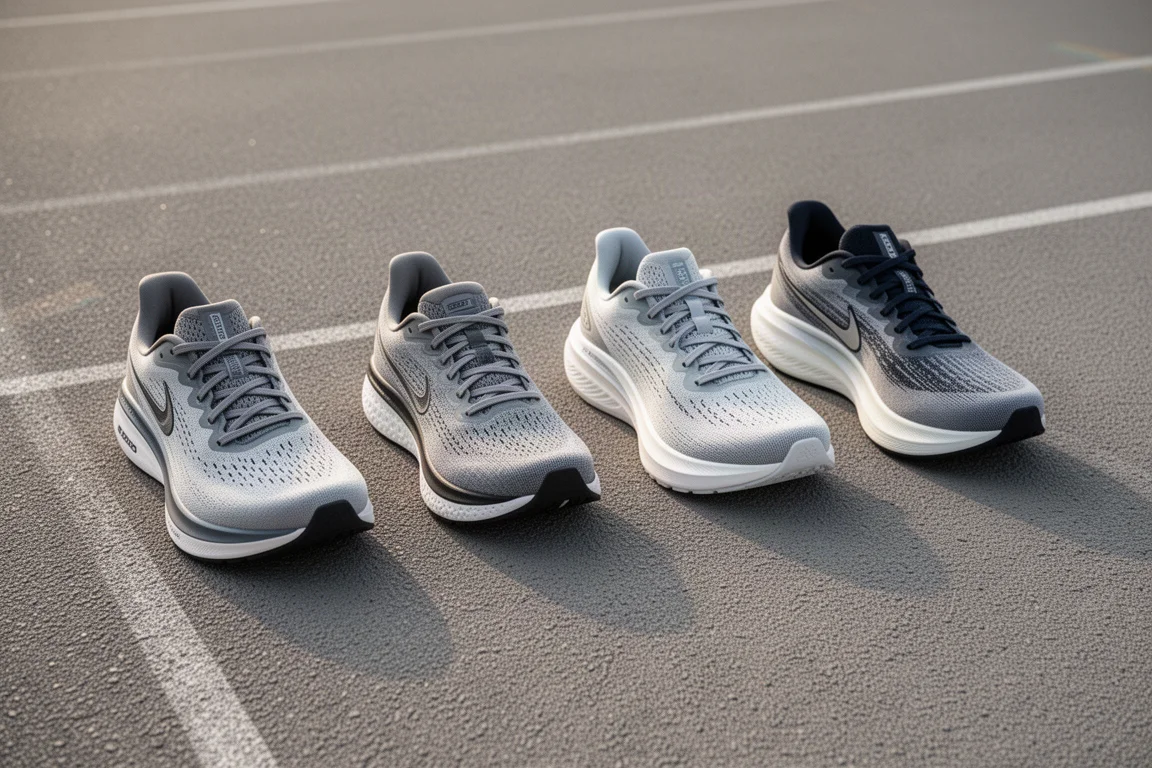 Four tempo running shoes lined up on a track surface for comparison