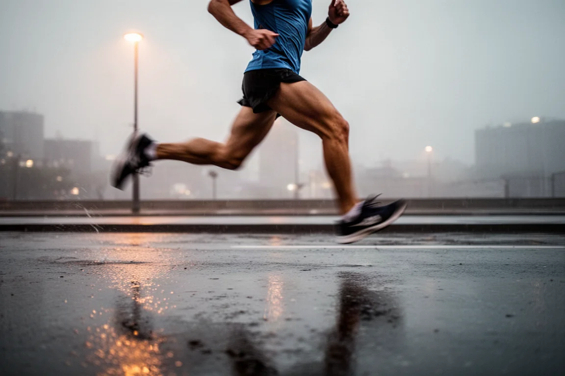 Runner picking up tempo pace on wet city pavement