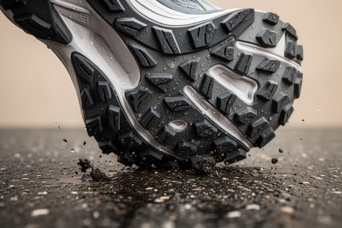 Close-up of a rubber outsole gripping wet asphalt