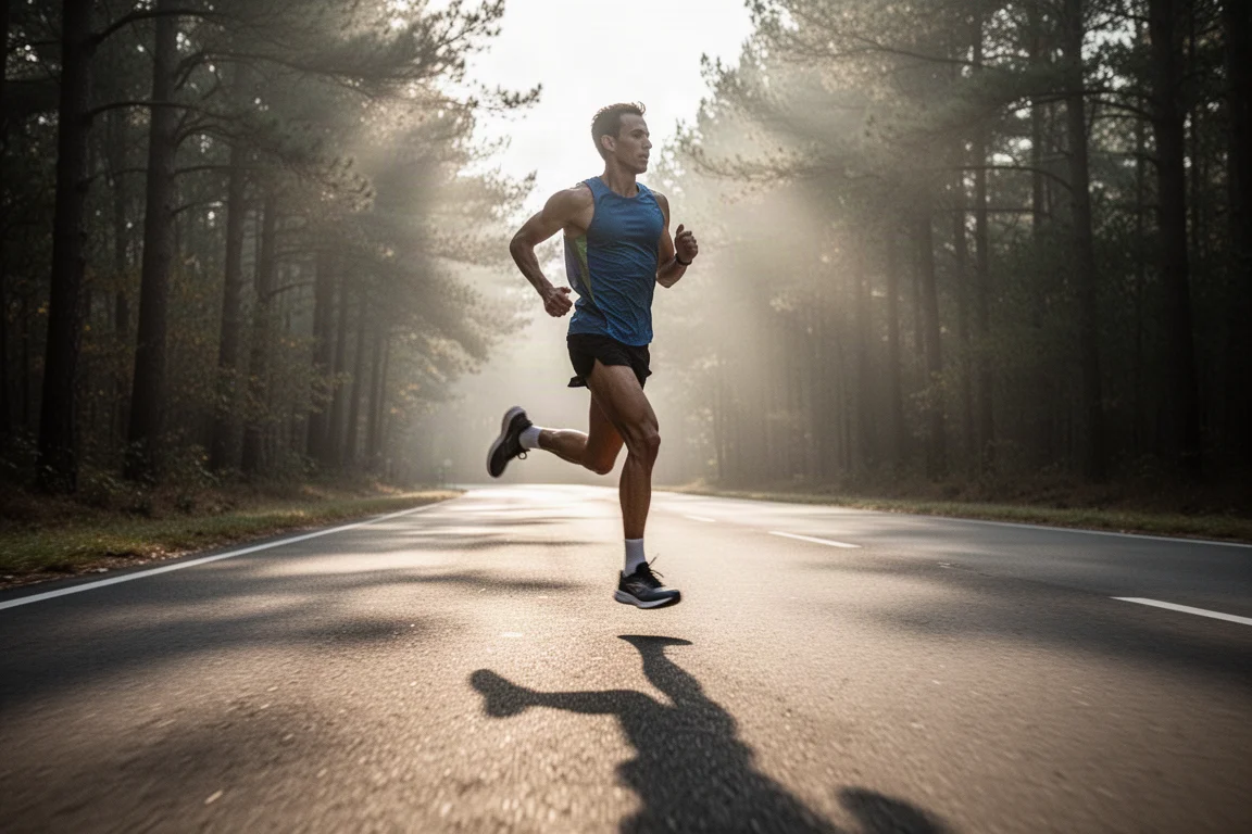 Runner working through a fast interval session on a quiet road