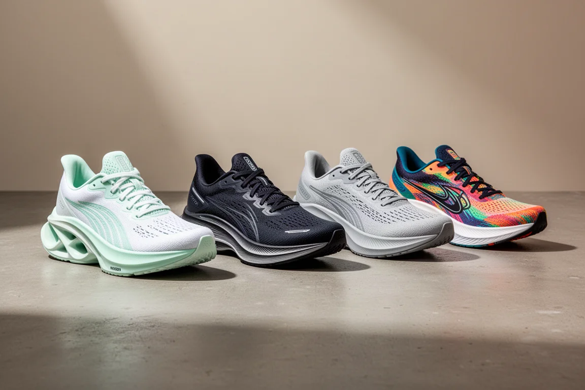 Four tempo running shoes arranged on a concrete surface for comparison