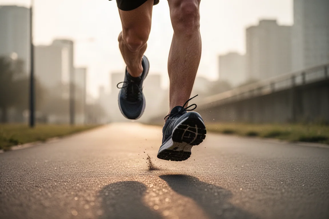 Runner lacing up a white running shoe on a quiet street at dawn