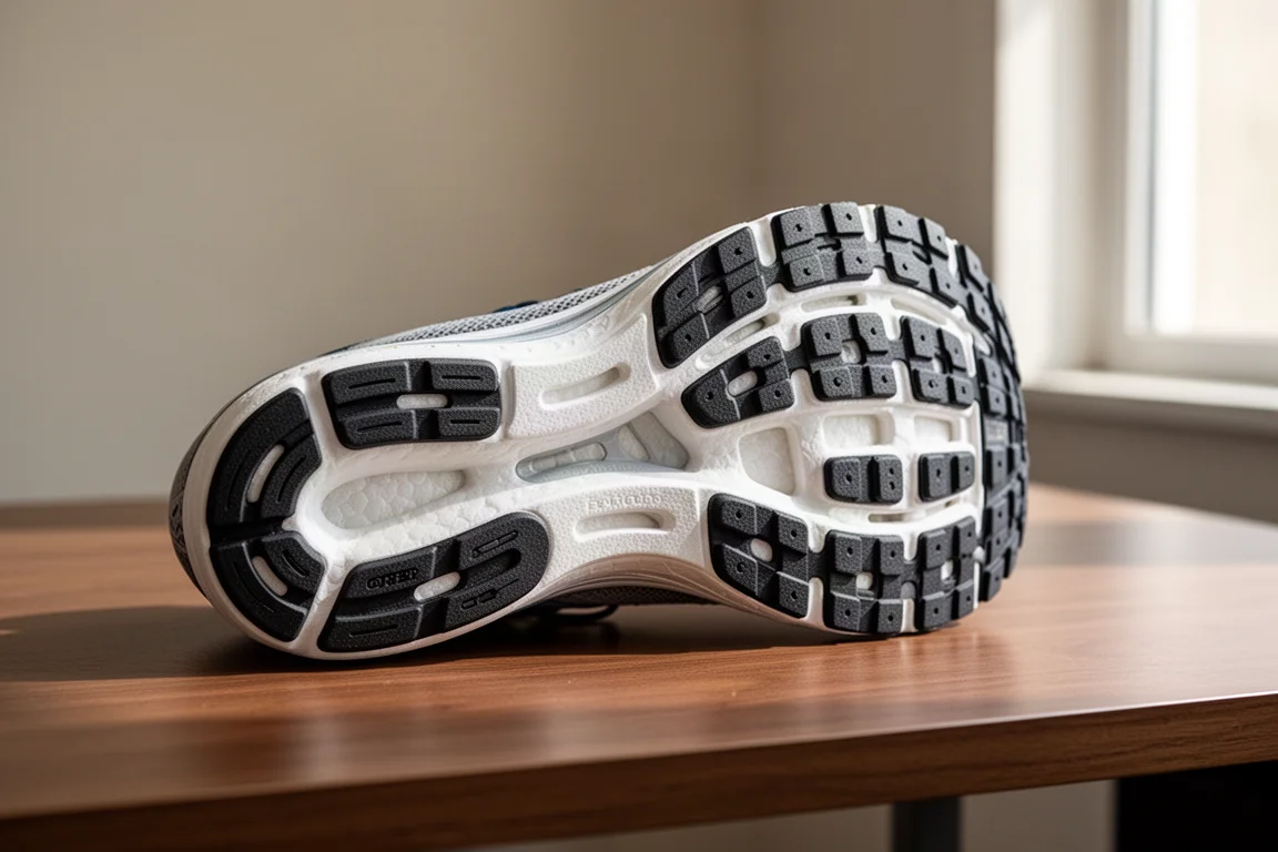 Close-up of a thick cushioned running shoe midsole showing rocker geometry