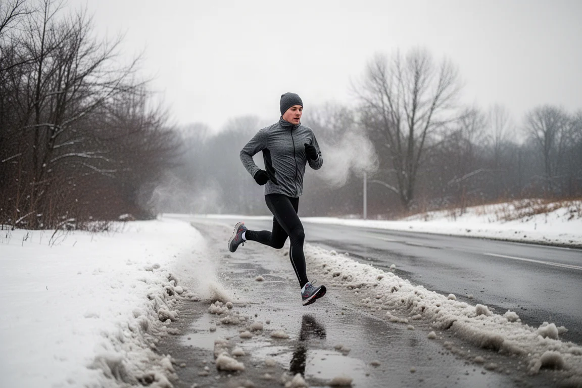 Hardloper steekt een smeuïge berm over met natte sneeuw langs de goot