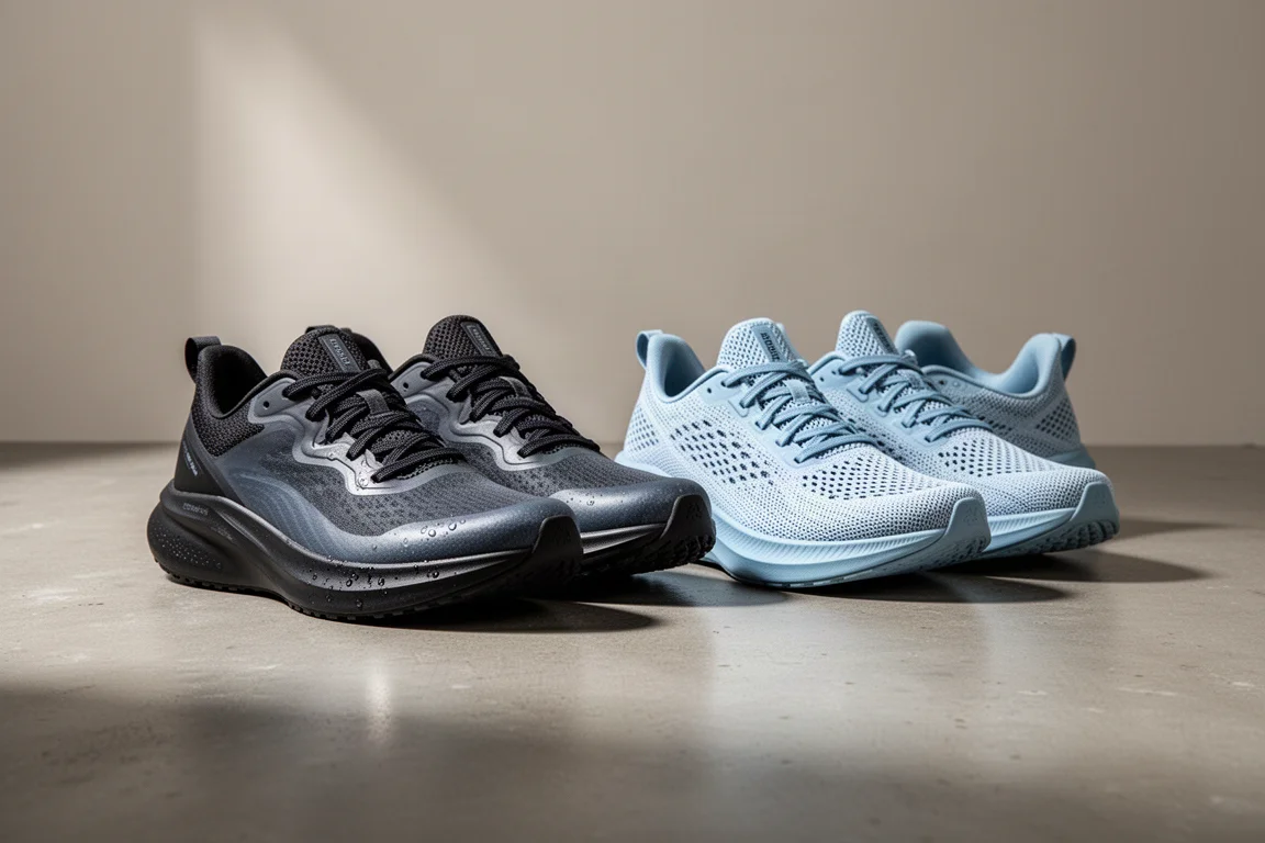 Two pairs of running shoes side by side, one thick water-resistant upper and one lightweight mesh