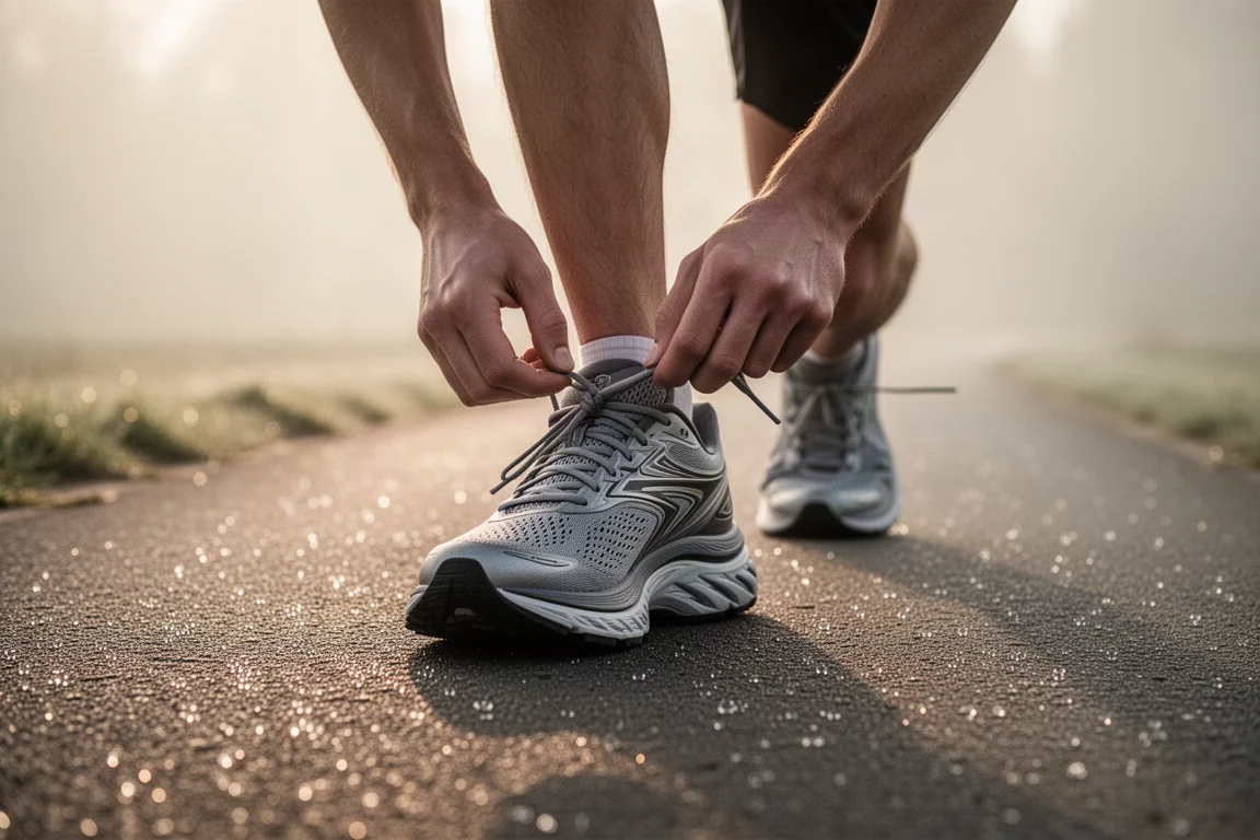 Runner tying laces on a cushioned daily trainer before an easy run