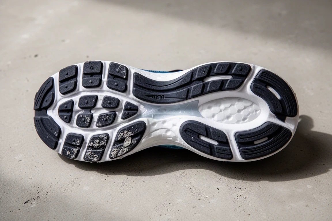 Close-up of a running shoe outsole showing wear after 100 miles