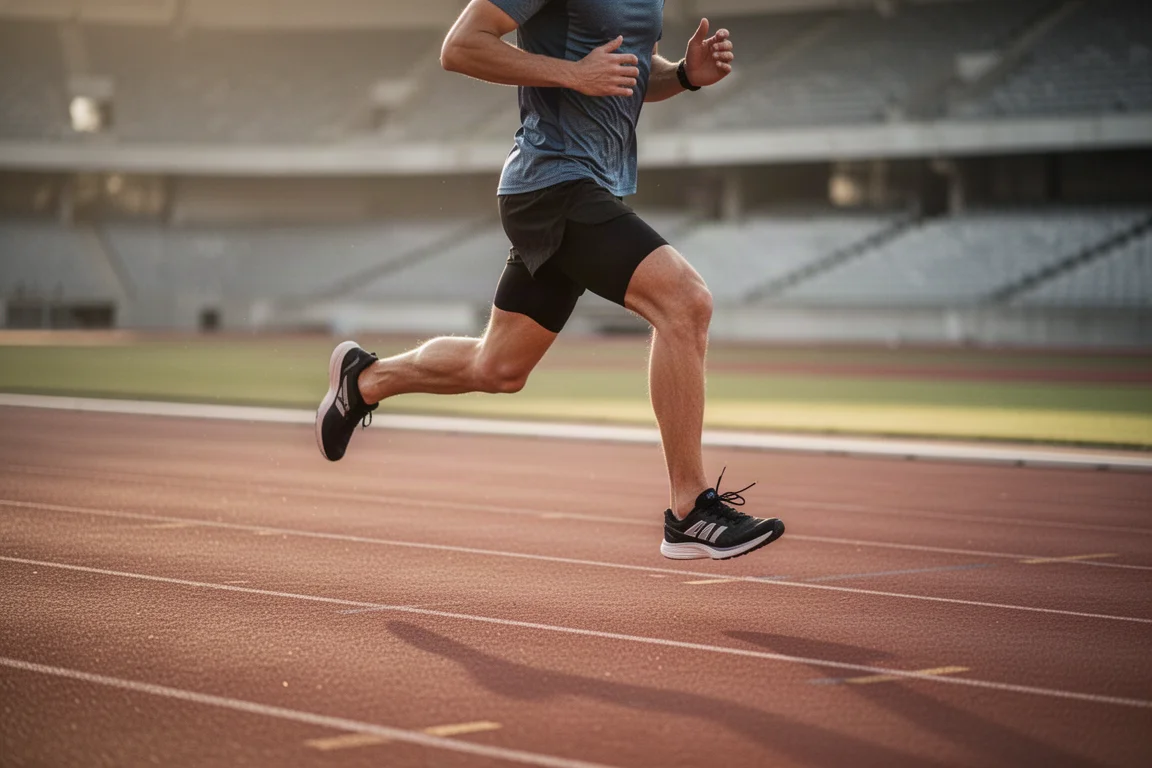 Track workout with a runner striding on a red oval track