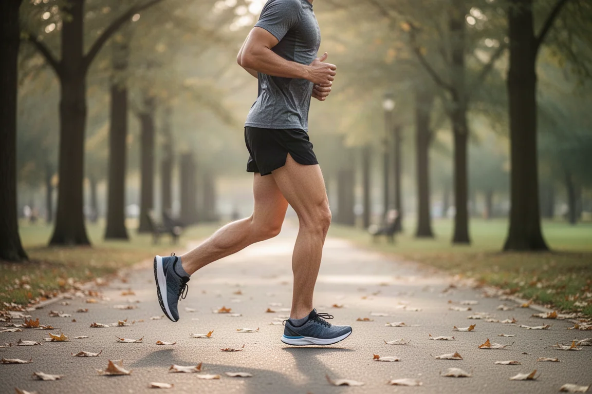 Runner on an easy jog through tree-lined park path
