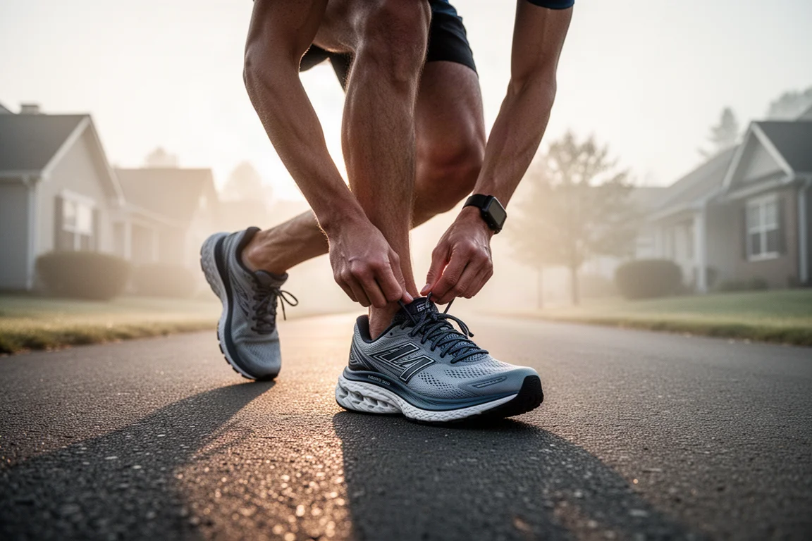 Coureur laçant une chaussure d'entraînement quotidienne à semelle épaisse sur une route de banlieue calme au lever du soleil