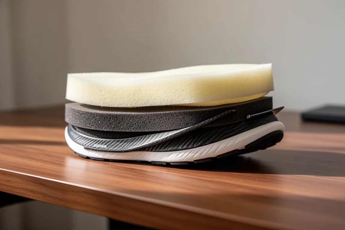 Gros plan sur une semelle intermédiaire stratifiée montrant une couche supérieure en mousse souple sur une base plus ferme