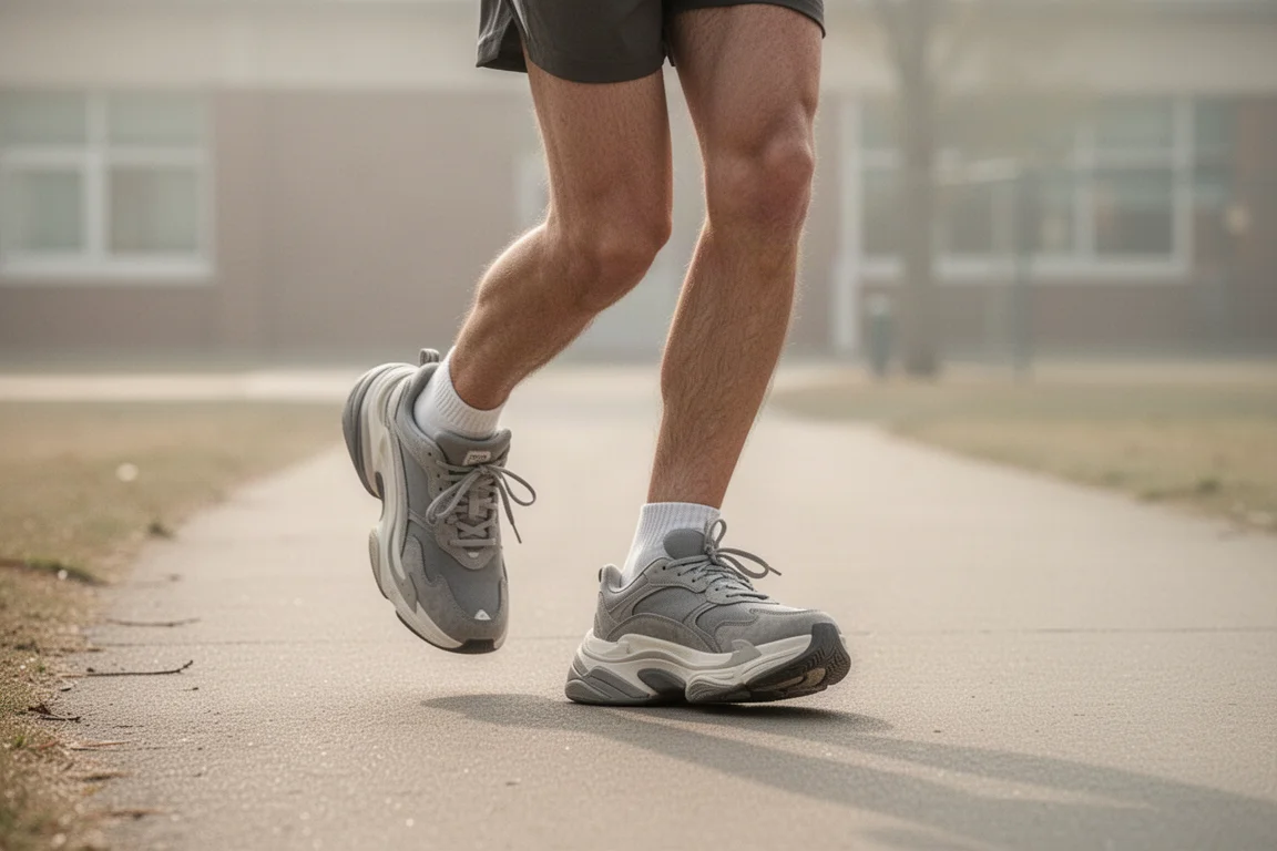 Coureur marchant sur un chemin d'école en baskets amortissantes grises au style rétro