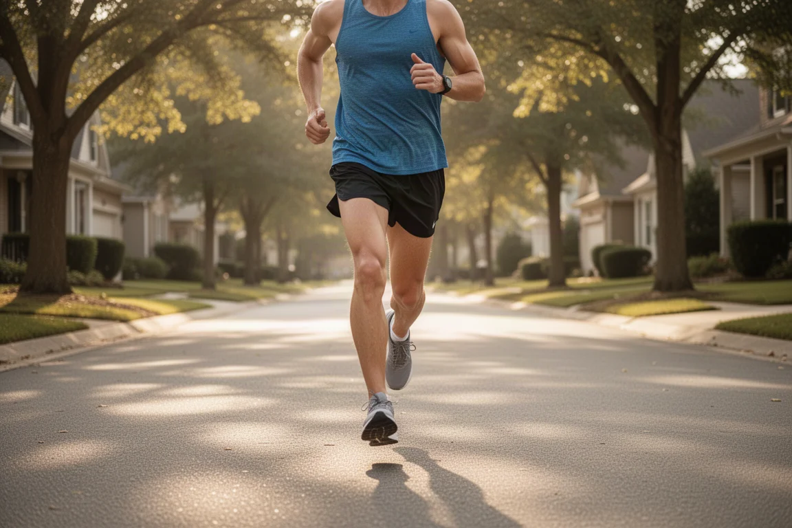 Coureur terminant un jogging de récupération tranquille en après-midi dans une rue de quartier calme
