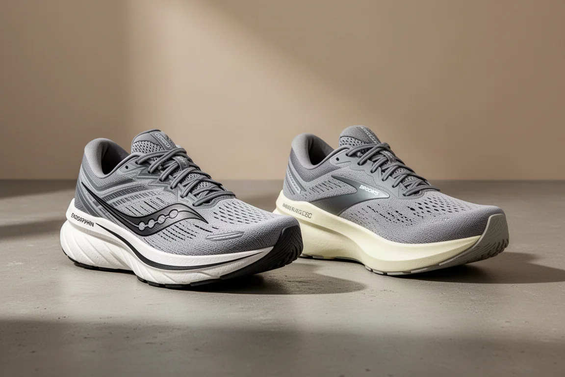 Saucony Endorphin Trainer and Brooks Ghost Max 2 SC side by side on concrete