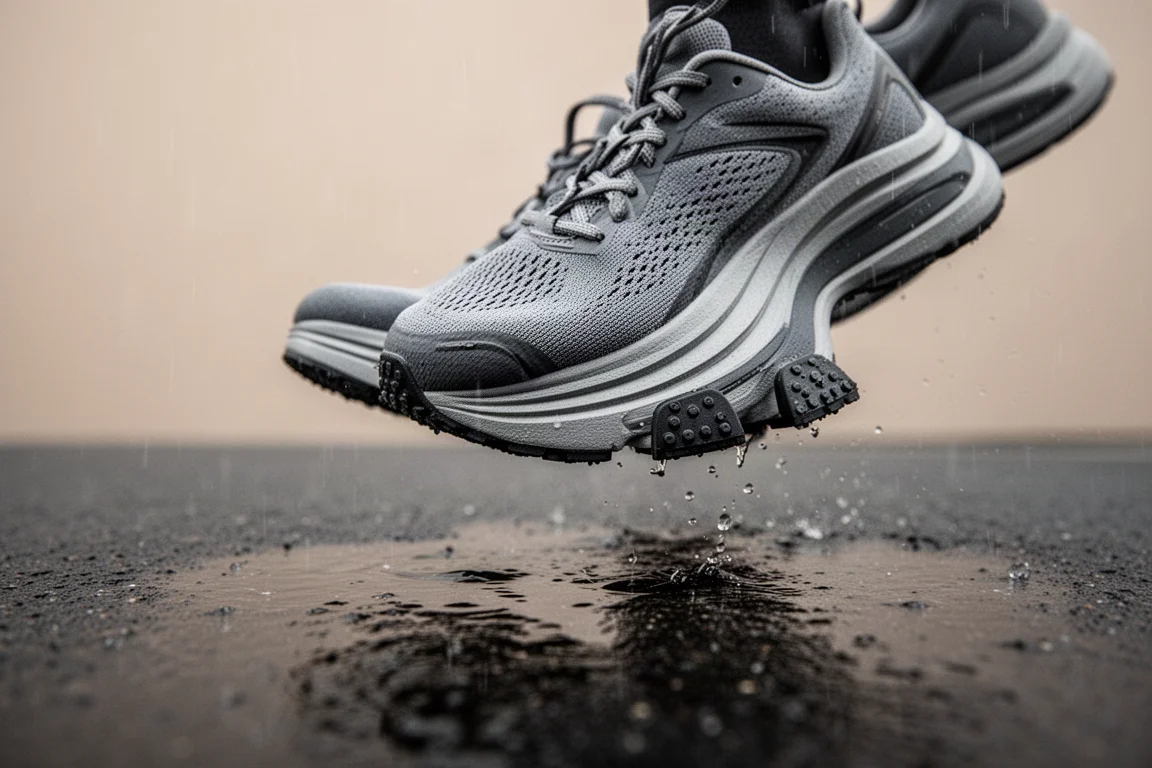 Runner's feet mid-stride on smooth urban pavement in soft morning light