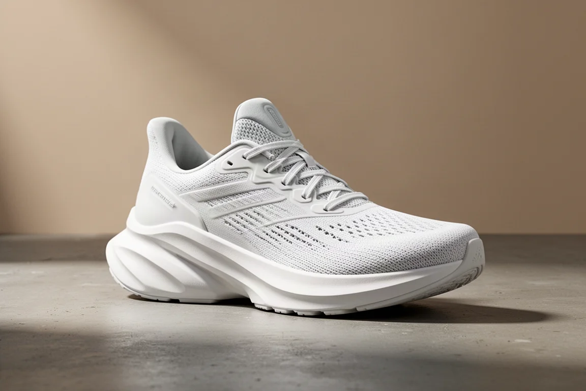 White Saucony Endorphin Trainer running shoe with high-stack midsole on concrete