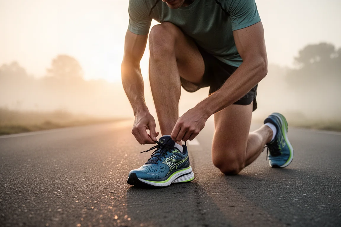 Hardloper die een trainingschoen met plate veters op een rustige buitenweg bij zonsopgang